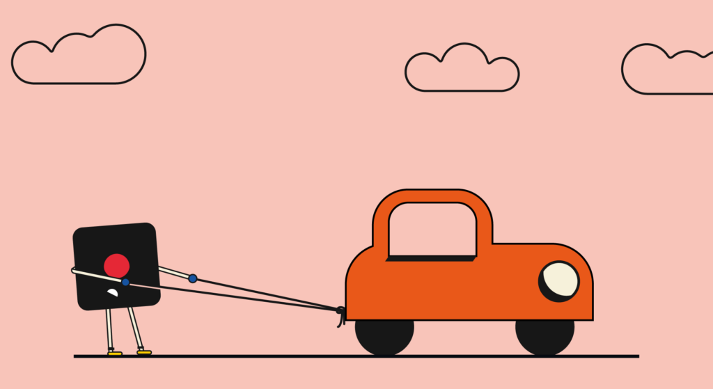 illustration of a black rectangle with legs, resembling a person, pulling a red car with a rope. The background is a light pink sky with white clouds.